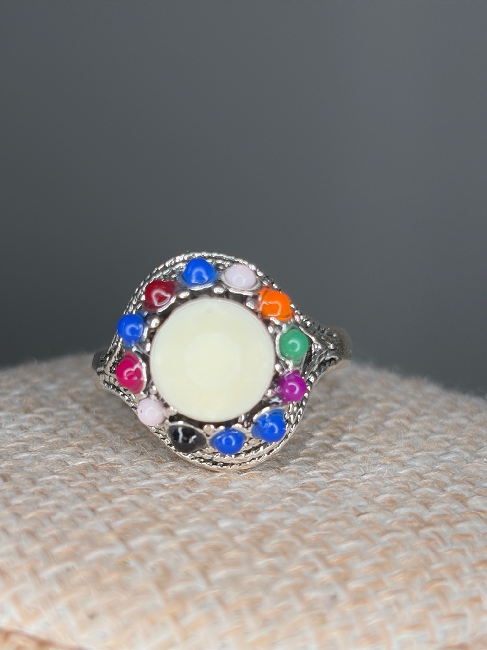 Multicolor Enamel Floral Halo Ring with Cream Center Sz 7
